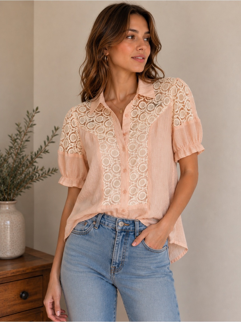 Vintage Ceres Peach Lace Sheer Embroidered Button-Up Blouse Metallic Detail S-M